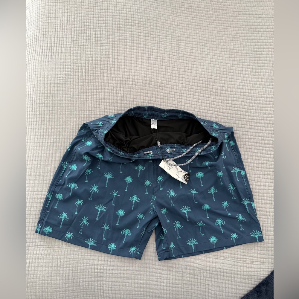 APTRO Navy and Teal Palm Print Swim Shorts with soft compression liner